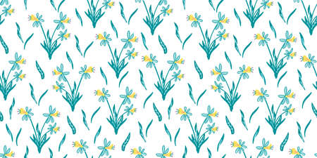 Vector seamless pattern with nice narcissus flowers on white background. Great for fabrics, especially for linens, wrapping papers, wallpapers, covers. Hand drawn flat illustration.のイラスト素材