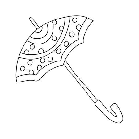Open umbrella decorated with polka dots in doodle style. Isolated outline. Hand drawn  illustration in black ink on white background.のイラスト素材