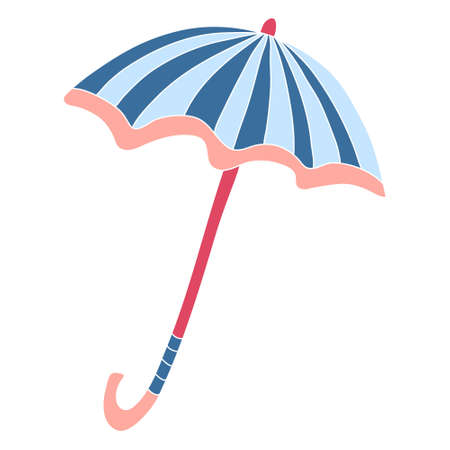 Open striped coral and blue umbrella. Hand drawn flat vector illustration isolated on white background.のイラスト素材
