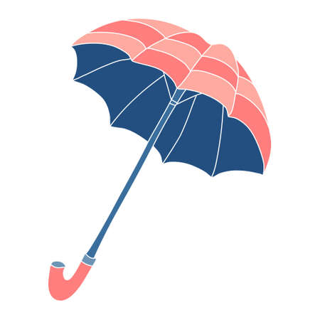Open striped coral and blue umbrella. Hand drawn vector illustration isolated on white background.のイラスト素材