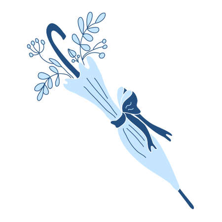 Closed autumn vintage blue umbrella with leaves and berries. Hand drawn vector illustration Isolated on white background.のイラスト素材