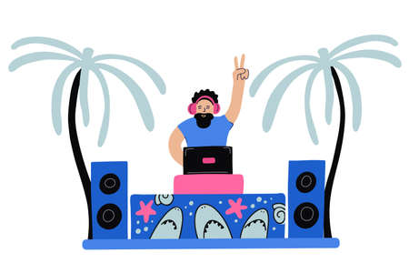 Vector illustration of a joyful dj, palm trees and musical equipment decorated with sharks and starfishes on white. Summertime, beach dance party, vacation. Pink, coral and blue colors.のイラスト素材