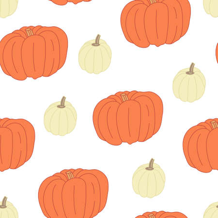 Vector seamless pattern with orange and white pumpkins on white background. Great for fabrics, wrapping papers, wallpapers, covers. Autumn farming garden theme.のイラスト素材