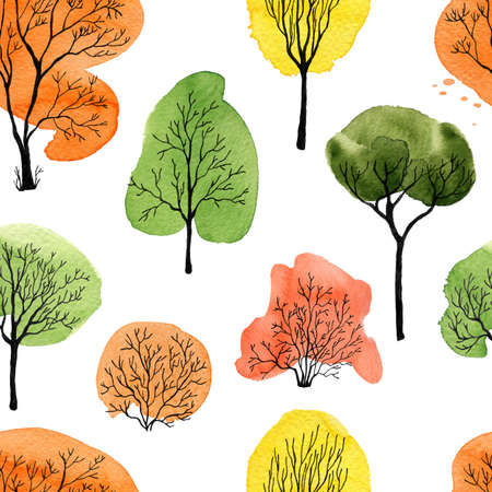 pattern with different black ink trees with watercolor crowns. Summer and Autumn seasons. Great for fabrics, wrapping papers, wallpapers. Hand drawn illustration on white background.の写真素材