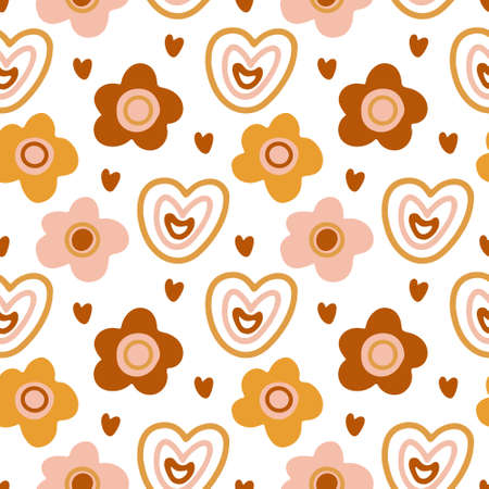 Vector seamless pattern with boho style hearts and flowers on white. Perfect decoration for kids playroom and bedroom, wallpapers, fabrics. Muted trendy colors. Wrapping papers, covers, textile.のイラスト素材