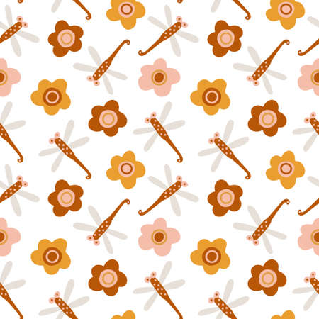 Vector seamless pattern with boho colors dragonflies and flowers on white. Perfect decoration for kids playroom and bedroom, wallpapers, fabrics. Muted trendy colors. Wrapping papers, covers, textile.のイラスト素材