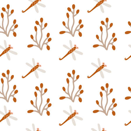 Vector seamless pattern with boho colors dragonflies and sprigs on white. Perfect decoration for kids playroom and bedroom, wallpapers, fabrics. Muted trendy colors. Wrapping papers, covers, textile.のイラスト素材