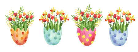 Set of colorful polka dots eggs with spring flowers. Daffodils, tulips and mimosa. Great for Easter product design, greeting card, home posters.の写真素材