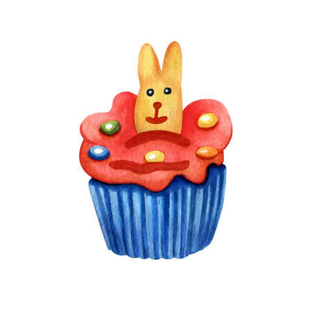 Watercolor Easter cupcake decorated with a rabbit biscuit, jelly beans and color whipped cream. Illustration isolated on white background. Great for Easter products design, cards, treats.の写真素材