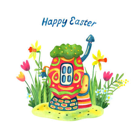A little cozy egg house surrounded by grass and flowers. There are daffodils, tulips, mimosas flowers. Watercolor illustration on white. Great for Easter products design. Happy Easter lettering.の写真素材