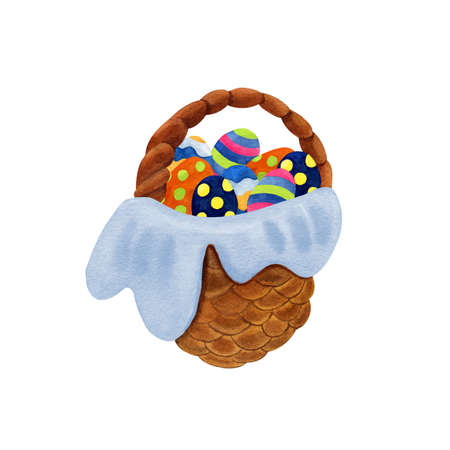 A nice wicker basket full of easter colorful eggs. Watercolor illustration on white background. Great for Easter products design.の写真素材
