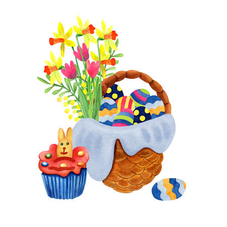 Nice wicker basket full of easter colorful eggs and spring flowers. There are daffodils, golden wattle, tulips. Tasty cupcake decorated with bunny biscuit. Watercolor illustration on white background.の写真素材