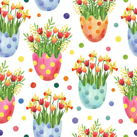 Watercolor seamless pattern. Colorful polka dots eggs with spring flowers. Daffodils, tulips and mimosa. Great for fabrics, wrapping papers, wallpapers, covers. Easter design.の写真素材