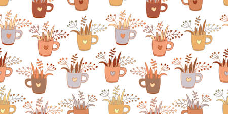 Vector seamless pattern with nice leaves and herbs in cute mugs decorated with hearts on white. Hand drawn vector illustration in flat style with lines. Herbal tea theme. Neutral, honey colors.のイラスト素材