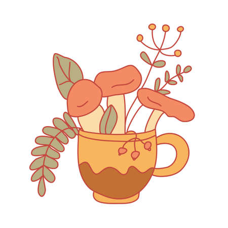 Nice mushrooms, leaves and herbs in a cute mug. Hand drawn vector illustration in flat style with lines isolated on white background. Autumn theme. Neutral, honey colors.のイラスト素材