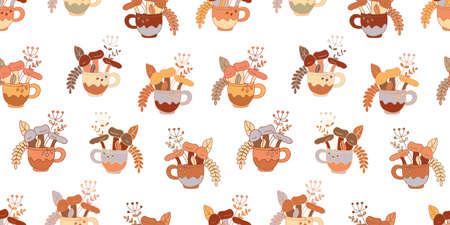 Vector seamless pattern with mushroom, leaves and herbs in cute mugs on white. Hand drawn vector illustration in flat style with lines. Neutral, honey colors. Great for fabrics, wrapping papers.のイラスト素材