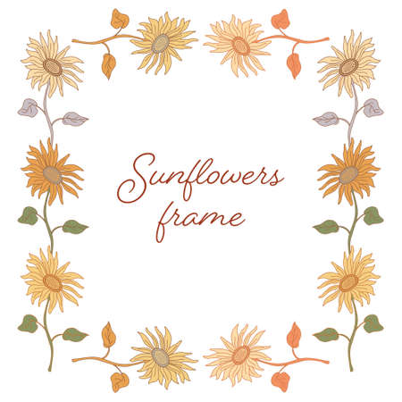 Vector decorative frame with beautiful sunflowers on long stems. Hand drawn vector illustration in flat style with lines on white background. Neutral, warm, honey colors.のイラスト素材