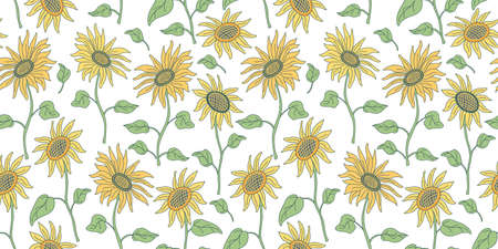 Vector seamless pattern with nice sunflowers on long stems with leaves on white. Hand drawn vector illustration in flat style with lines. Green and yellow colors. Great for fabrics, wrapping papers.のイラスト素材
