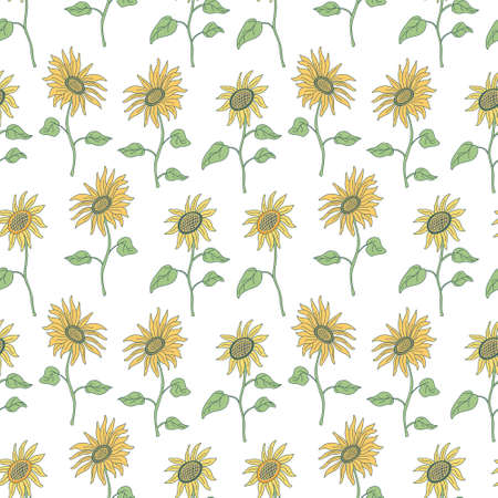 Vector seamless pattern with nice sunflowers on long stems with leaves on white. Hand drawn vector illustration in flat style with lines. Green and yellow colors. Great for fabrics, wrapping papers.のイラスト素材