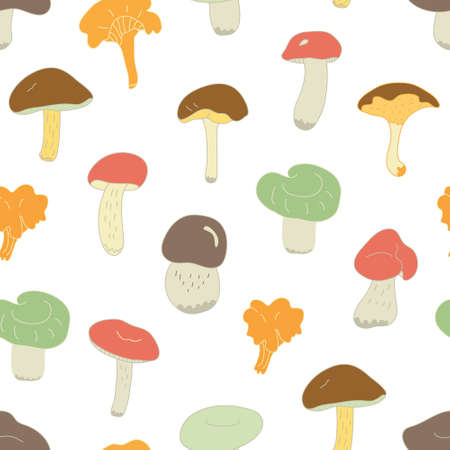 Vector seamless pattern with forest edible mushrooms on white background. Great for fabrics, wrapping papers, wallpapers, covers. Flat style with lines.のイラスト素材