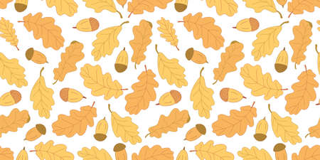 Autumn vector seamless pattern with oak leaves and acorns on white background. Great for fabrics, wrapping papers, wallpapers, covers. Flat style with lines.Yellow, orange, brown colors.のイラスト素材