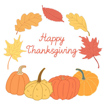 Greeting card with Happy Thanksgiving lettering and illustration of colorful leaves and pumpkins. Autumn hand drawn composition isolated on white background. Flat style with lines.のイラスト素材
