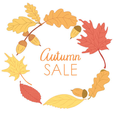 Autumn sale lettering and round frame with colorful leaves and acorns. Vector illustration in flat style with leaves isolated on white background.のイラスト素材