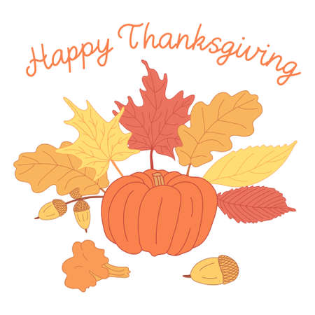 Greeting card with Happy Thanksgiving lettering and illustration of colorful leaves, acorns, mushroom and pumpkin. Autumn hand drawn composition isolated on white background. Flat style with lines.のイラスト素材