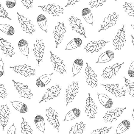 Autumn vector seamless pattern with oak leaves and acorns on white background. Great for fabrics, wrapping papers, wallpapers, covers. Doodle sketch style illustration in black ink.のイラスト素材