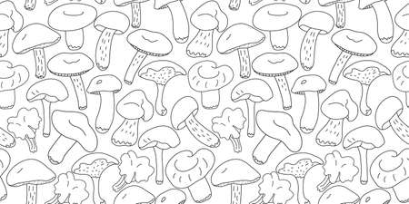 Vector seamless pattern with forest edible mushrooms on white background. Great for fabrics, wrapping papers, wallpapers, covers. Doodle sketch style illustration in black ink.のイラスト素材