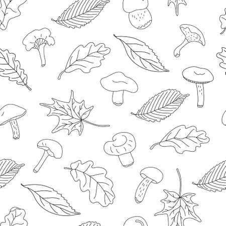 Autumn vector seamless pattern with forest edible mushrooms and leaves on white background. Great for fabrics, wrapping papers, wallpapers, covers. Doodle sketch style illustration in black ink.のイラスト素材