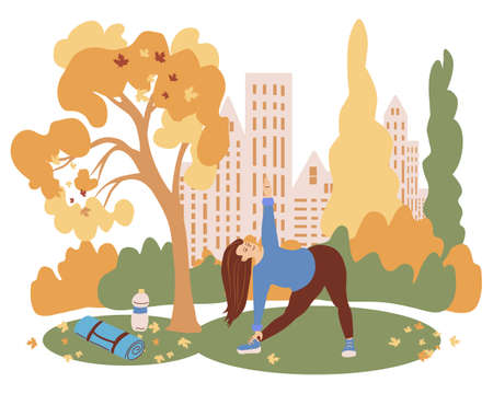The nice woman doing yoga in the autumn park, she is happy of her healthy life style. Vector illustration isolated on white background.のイラスト素材
