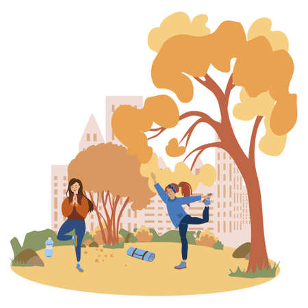 Women doing yoga in the autumn park, they are happy of their healthy life style. Vector illustration isolated on white background. Sport outdoors concept.のイラスト素材