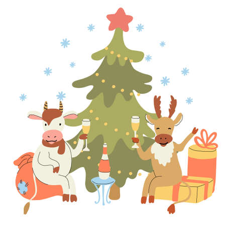 New Year or Christmas card with gift boxes, christmas tree and cute cheerful bull and deer drinking champagne. Year of ox 2021. Hand drawn lettering. Vector illustration isolated on white backgroundのイラスト素材