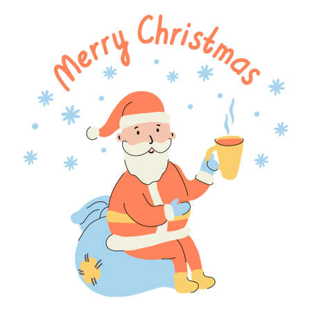 Merry Christmas greeting card with a cute cheerful Santa holding a mug of tea. He sits on a bag with gifts. Hand drawn lettering. Vector illustration isolated on white background.のイラスト素材