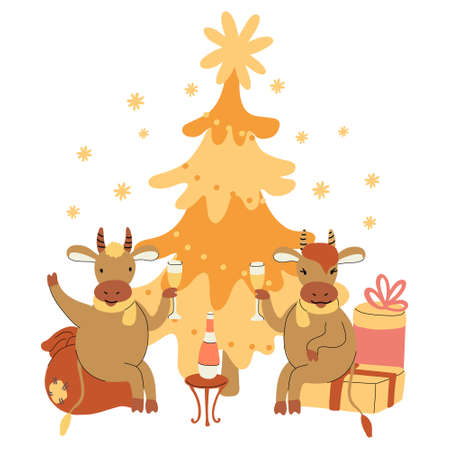 New Year or Christmas card with gift boxes, christmas tree and cute cheerful bulls drinking champagne. Year of ox 2021. Hand drawn lettering. Vector illustration isolated on white backgroundのイラスト素材