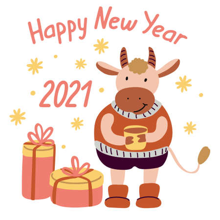 New Year greeting card with gift boxes and cute cheerful bull holding mug of tea and wearing cozy sweater. Year of ox 2021. Hand drawn lettering. Vector illustration isolated on white background.のイラスト素材