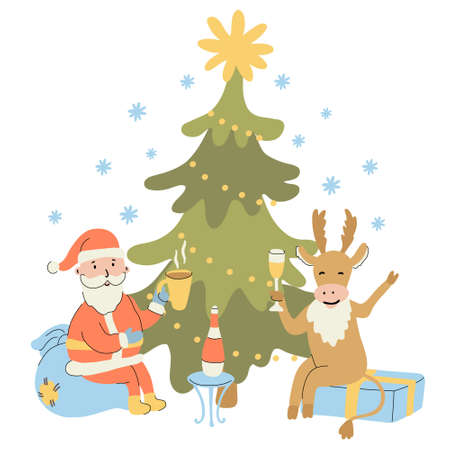 Christmas greeting card with a cute cheerful Santa holding a mug of tea and a joyful deer drinking champagne. They sit on the gifts near a beautiful fir-tree. Vector illustration isolated on white.のイラスト素材