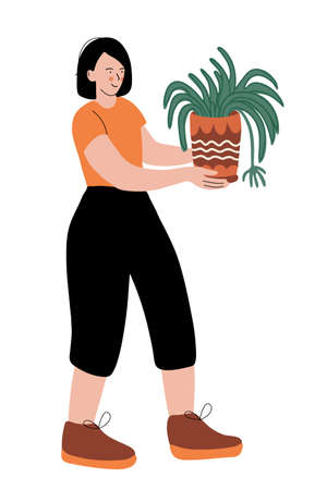 Nice woman with a spider plant. Houseplant hobby and happy life concept. Vector illustration isolated on white background. Flat hand drawn style with lines.のイラスト素材