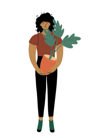 Beautiful african american woman with a monstera potted plant. Houseplant hobby and happy life concept. Vector illustration isolated on white. Flat hand drawn style with lines. Brown, orange, green.のイラスト素材