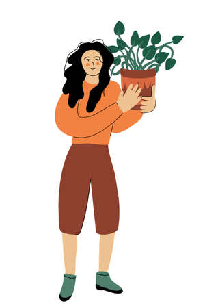 Happy beautiful long hair girl with climbing houseplant with heart shaped leaves. Hobby concept. Vector illustration isolated on white background. Flat hand drawn style with lines.のイラスト素材