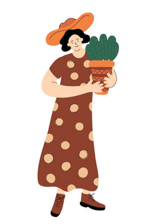 Nice lady wearing an orange hat and a brown long dress decorated with poka dots holding a potted plant. She is happy. Hobby concept. Vector illustration isolated on white.のイラスト素材