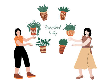 People exchange houseplants. Women are happy with their plants. Swap party event. Vector illustration isolated on white. Flat style with lines. Hand drawn lettering. Natural earthy colorsのイラスト素材