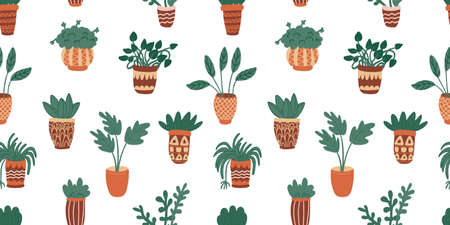 Vector seamless pattern with houseplants in pots decorated with ornaments. Great for fabrics, wrapping papers, wallpapers, covers. Hand drawn flat style with lines. Natural earthy colors.のイラスト素材