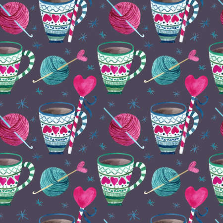 Watercolor seamless pattern with beautiful Christmas mugs, candies on sticks, balls of wool, crochet hooks for knitting, hearts and snowflakes. Illustration on dark. Great for Xmas textile design.の写真素材