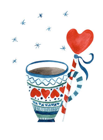 Beautiful Christmas mug with candy on a stick decorated with a heart. Watercolor illustration isolated on white background. Snowflakes. Great for Xmas design.の写真素材