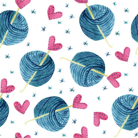 Watercolor seamless pattern with balls of wool, crochet hooks for knitting, hearts and snowflakes on white. Great print for fabric, wrapping papers, wallpapers, covers. Cozy winter theme.の写真素材