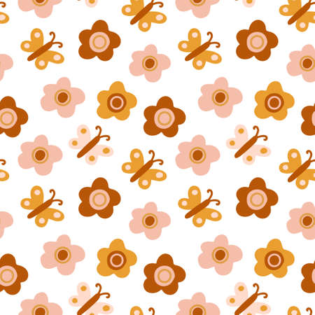 Vector seamless pattern with boho colors butterflies and flowers on white. Perfect decoration for kids playroom and bedroom, wallpapers, fabrics. Muted trendy colors. Wrapping papers, covers, textile.のイラスト素材
