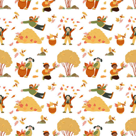 Vector seamless pattern with children playing with autumn leaves in the autumn park. White background. Great for fabrics, wrapping and digital papers, covers. Hand drawn illustration in flat style.のイラスト素材