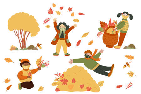 Children playing with autumn leaves in the park. They are wearing protective face masks. Fun and happiness outdoors. Vector illustration isolated on white background. Pandemic and flu time concept.のイラスト素材